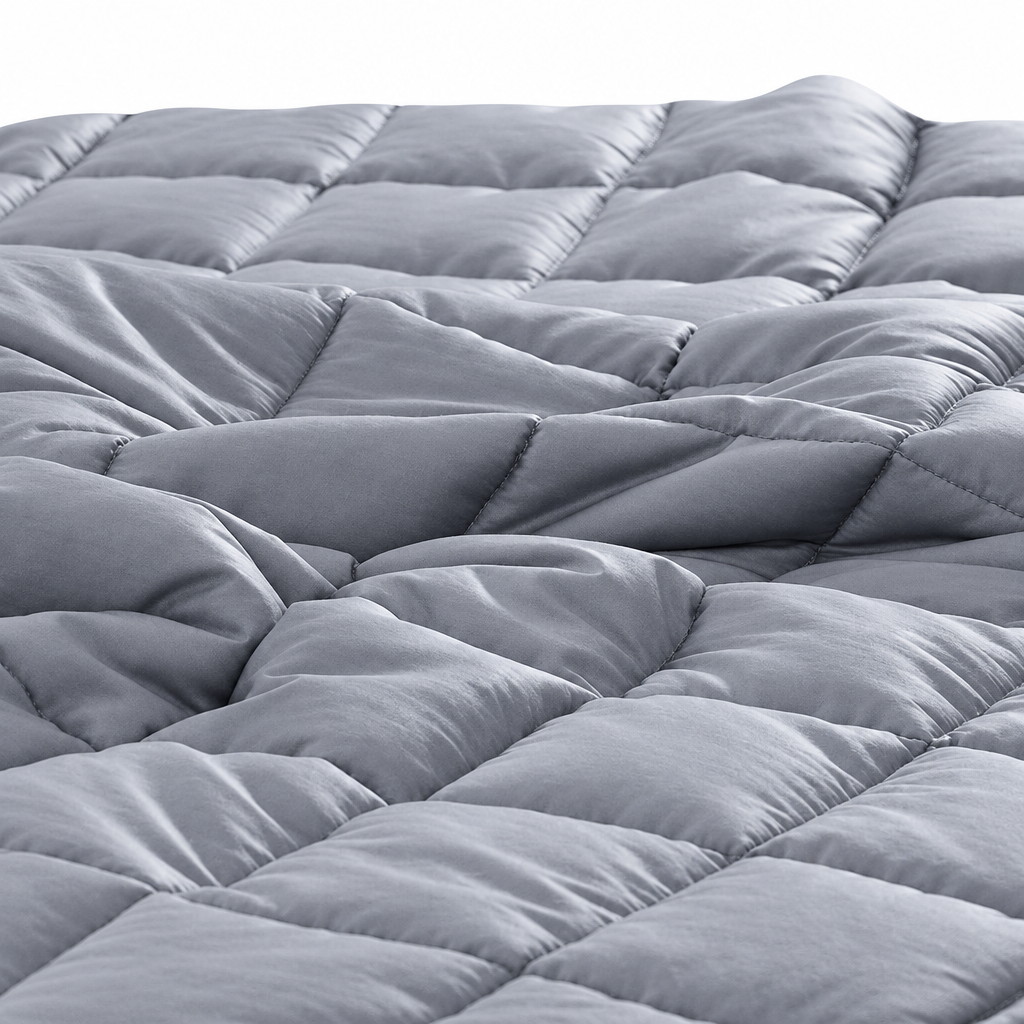 Gray quilted blanket close-up on white