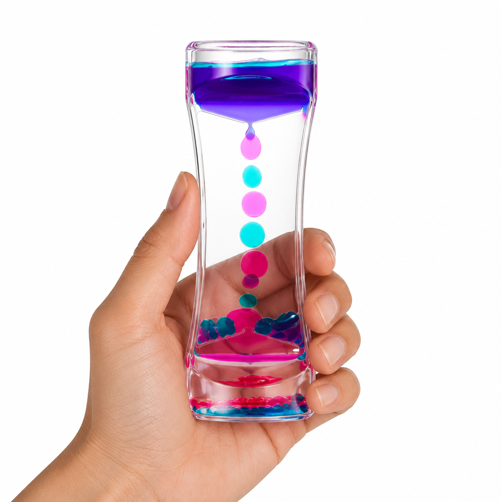 Hand holding the liquid motion timer with pink and teal droplets, white background, no text