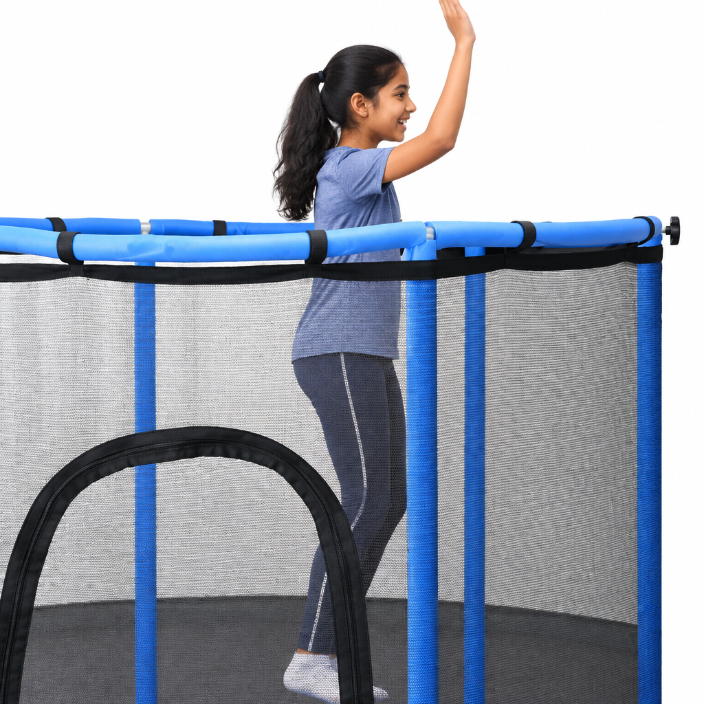 Indian girl inside trampoline on white background