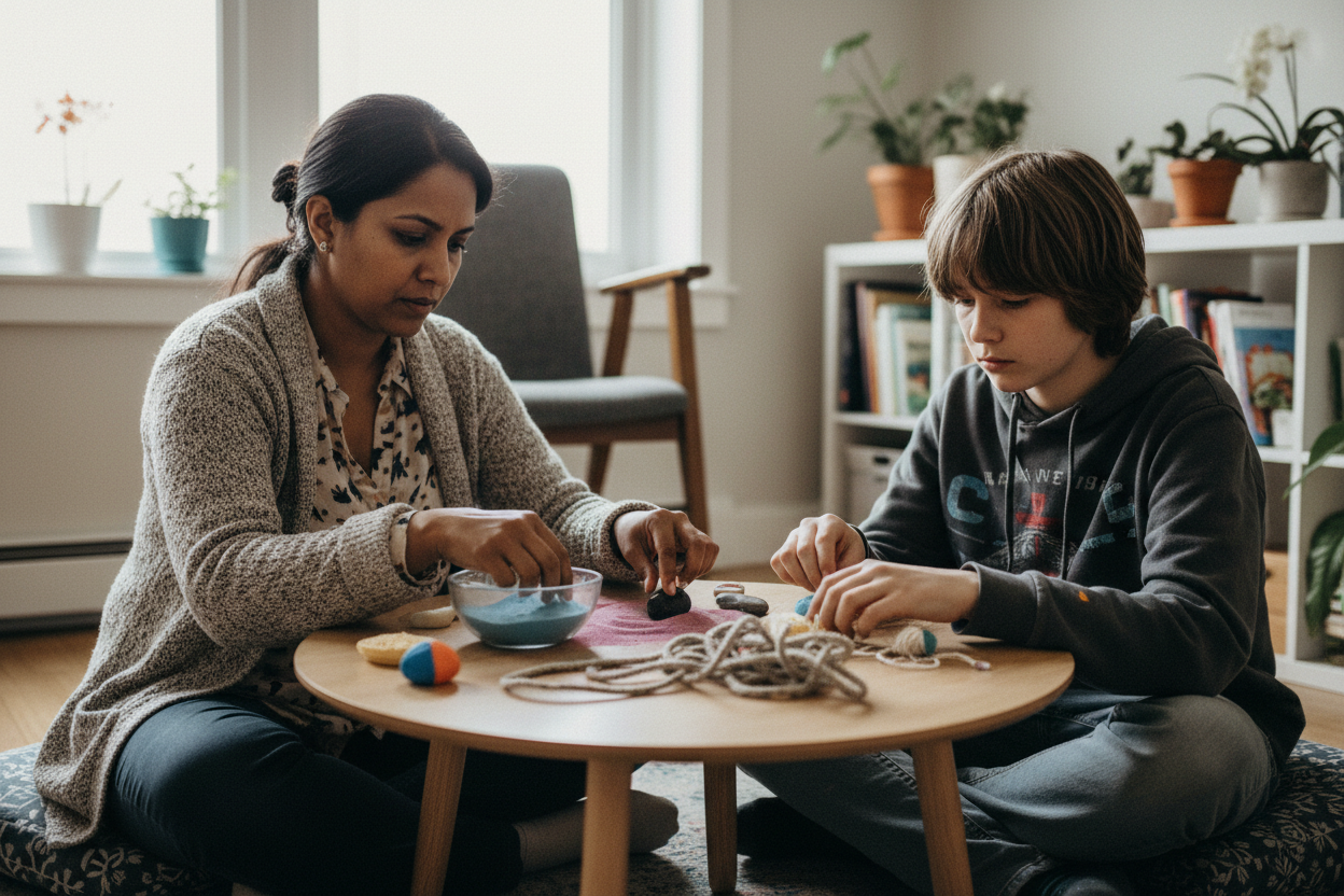 Indian therapist with American child in therapy session