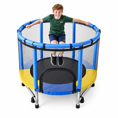 Irish boy jumping on trampoline on white background