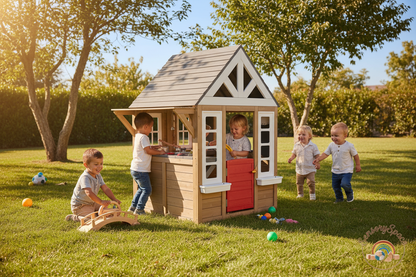 Kids playing around the cedar playhouse