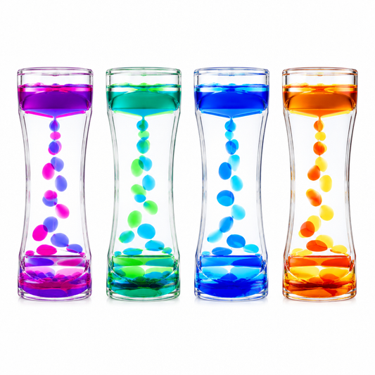 Lineup of liquid motion timers in assorted colors, white background, no text