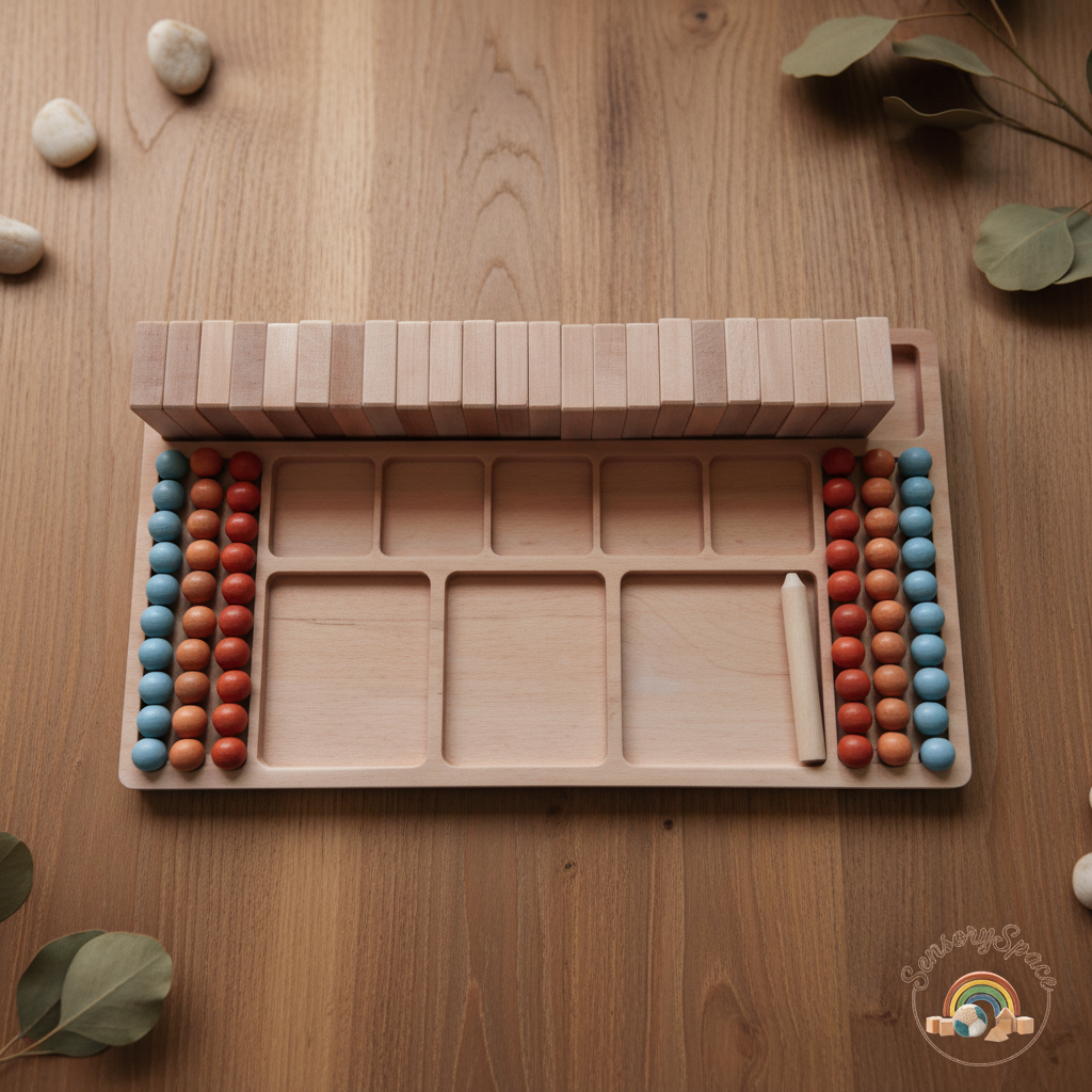 Math board with abacus on wood background