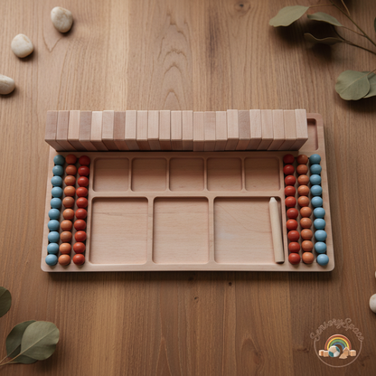 Math board with abacus on wood background