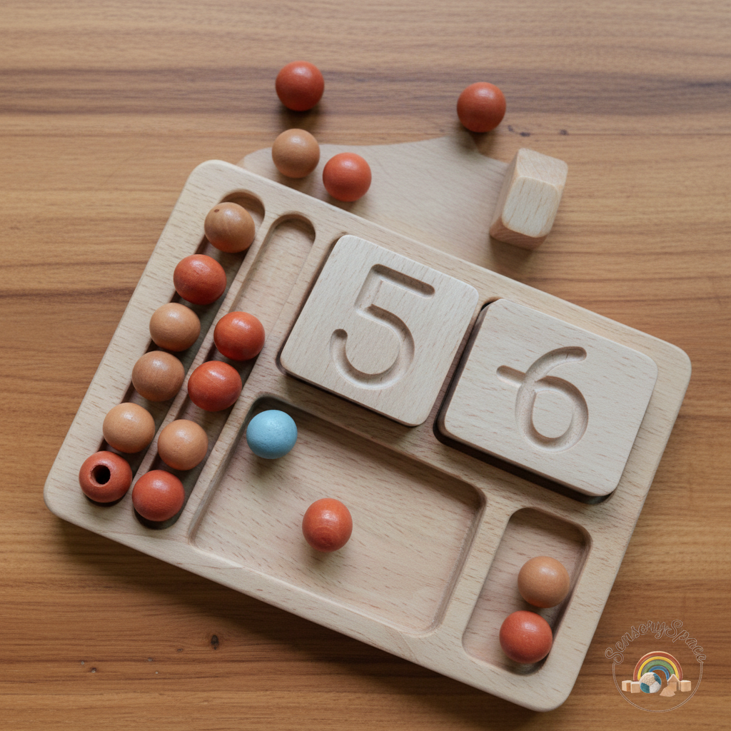 Math board with beads on wood background