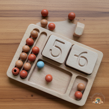 Math board with beads on wood background