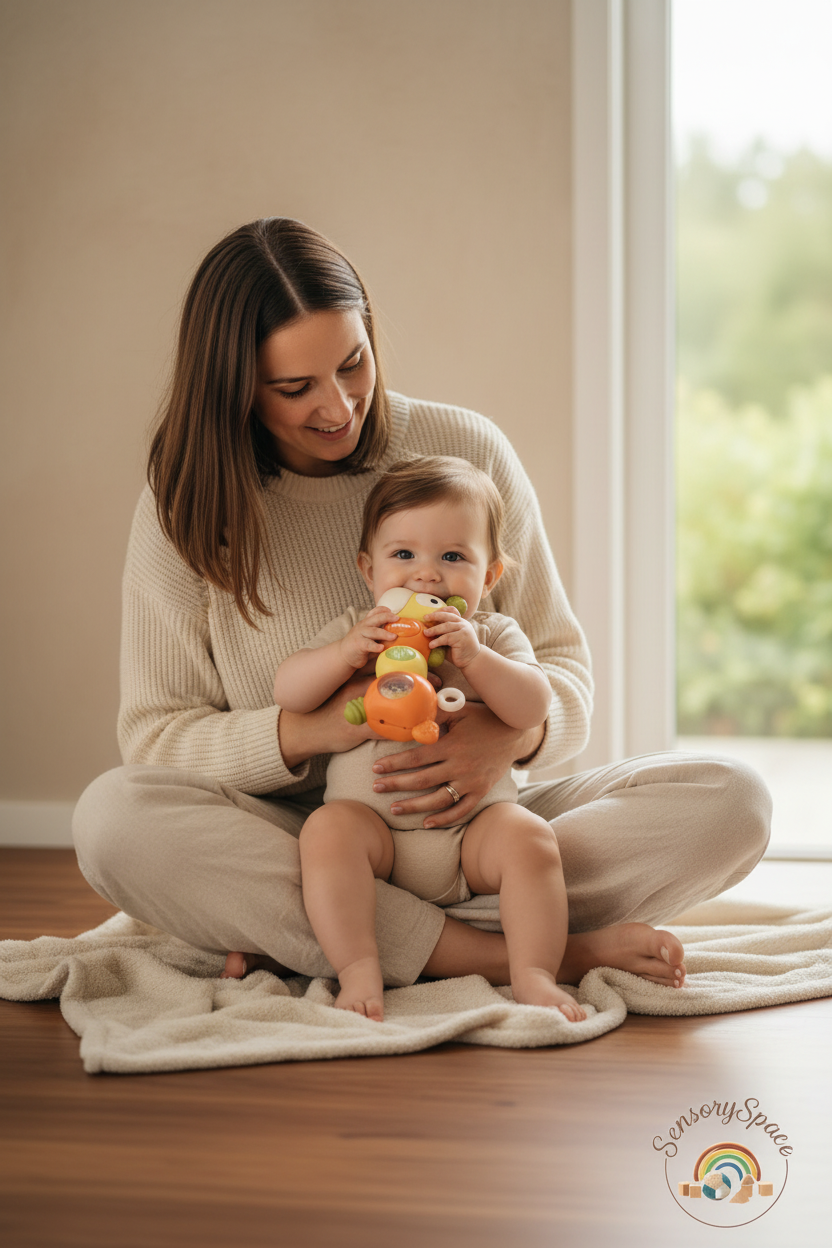 Mom helping baby explore toy