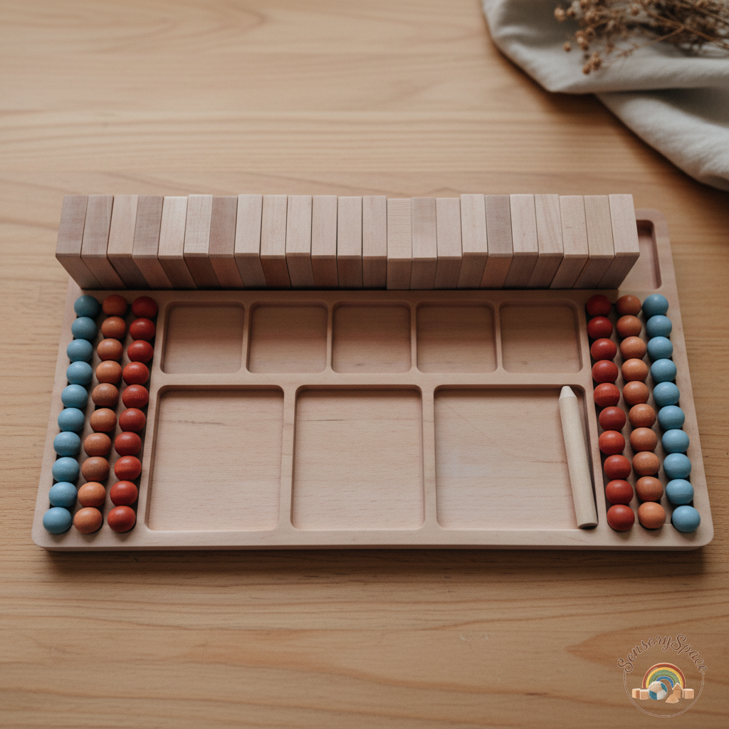Montessori math board on wood background