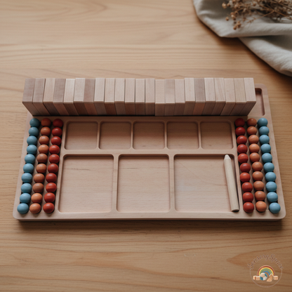 Montessori math board on wood background