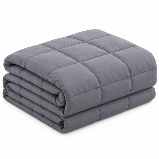 Neatly folded gray blanket, elevated angled view