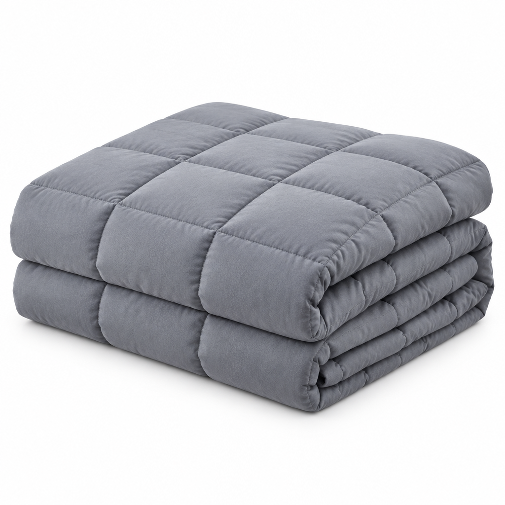 Neatly folded gray blanket, front angled view