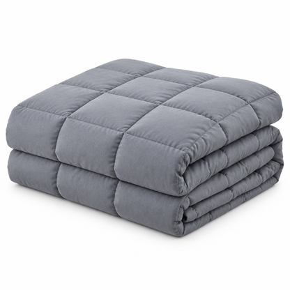 Neatly folded gray blanket, front angled view