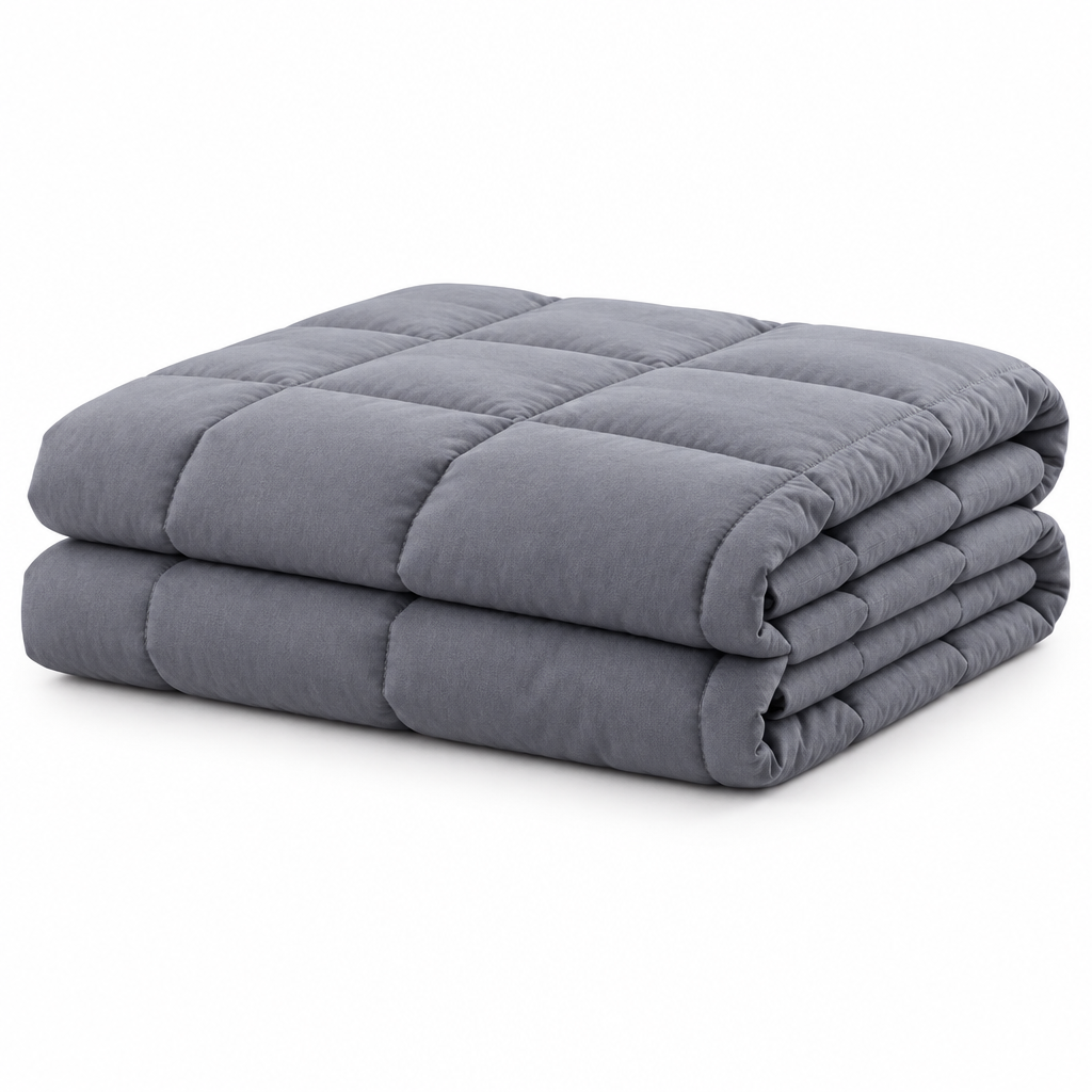 Neatly folded gray blanket, side view
