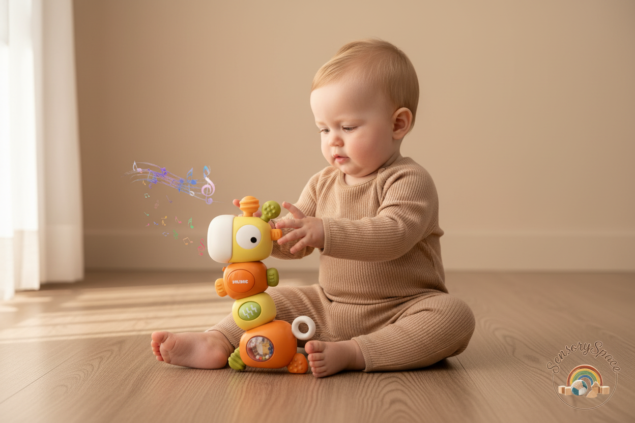 One baby with teething rattle