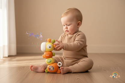 One baby with teething rattle
