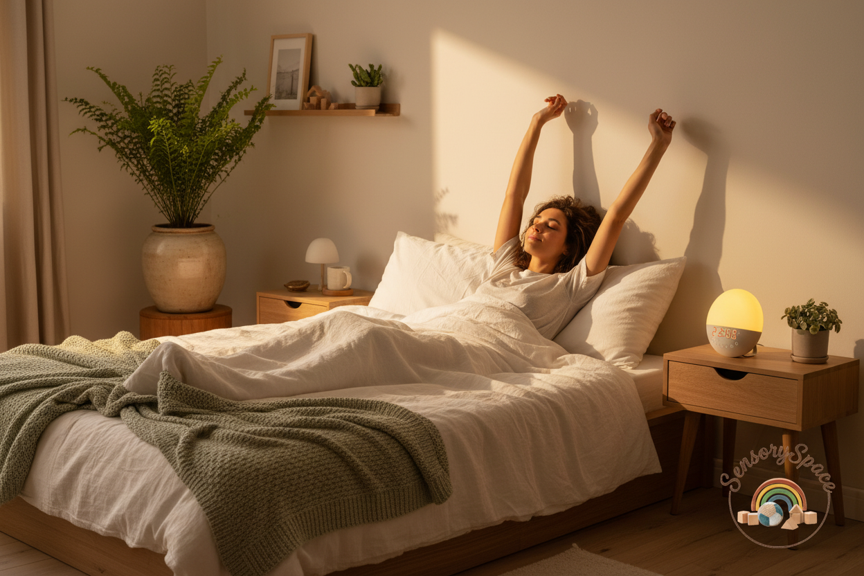 Person waking up with sunrise light