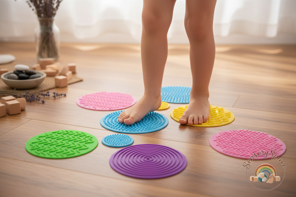 Preschool age child feet on tactile mats
