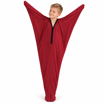 Red body sock, arms raised overhead