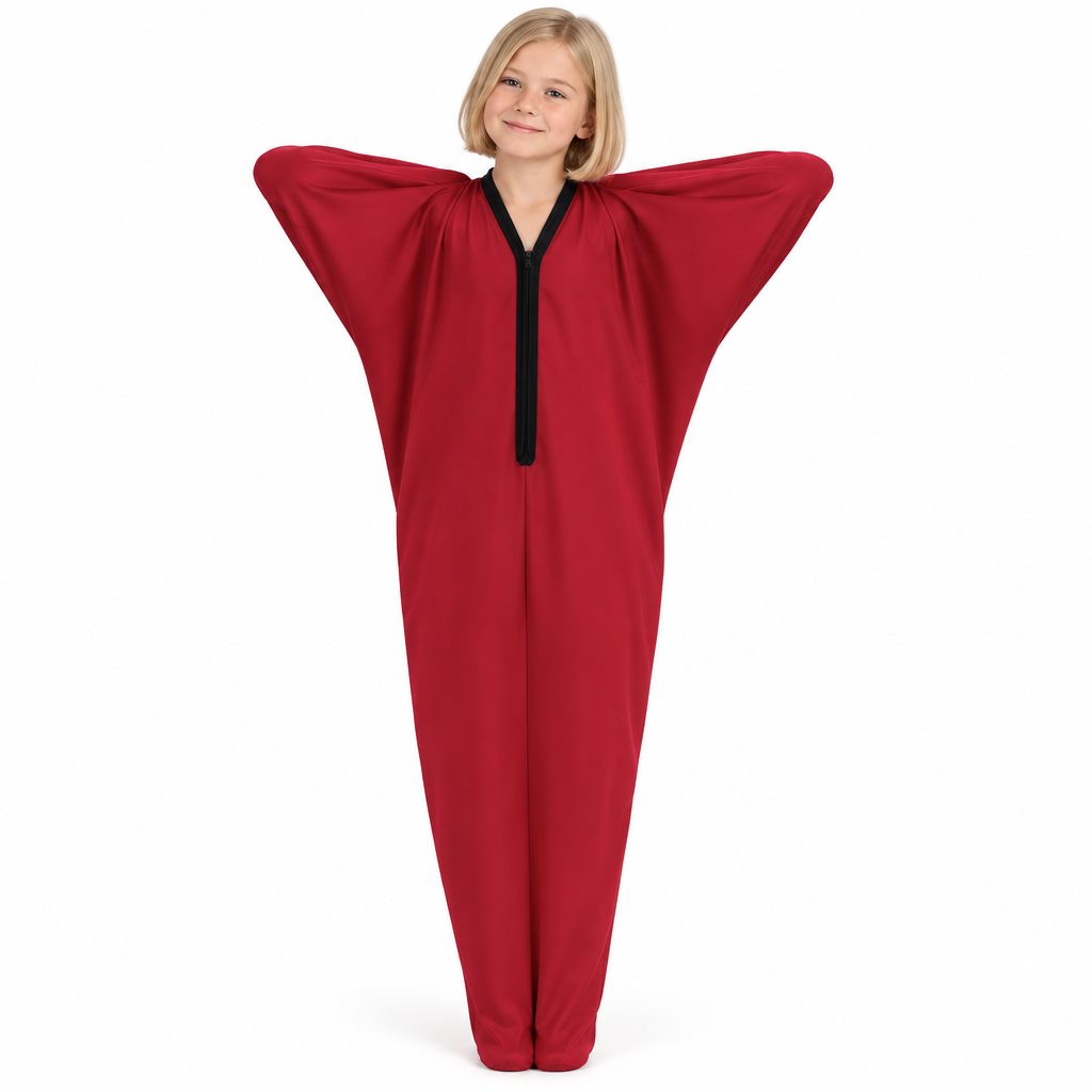 Red body sock, elbows bent outward