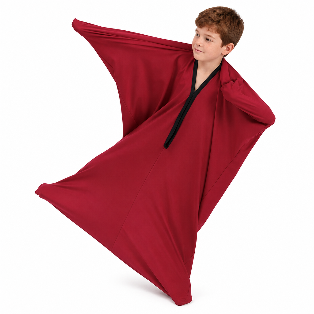 Red sensory body sock with a European child