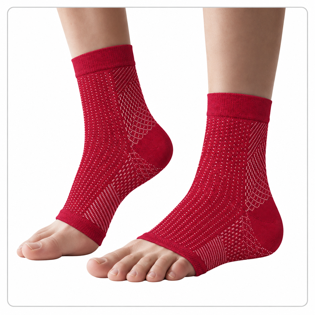 Red socks on the original feet and white background