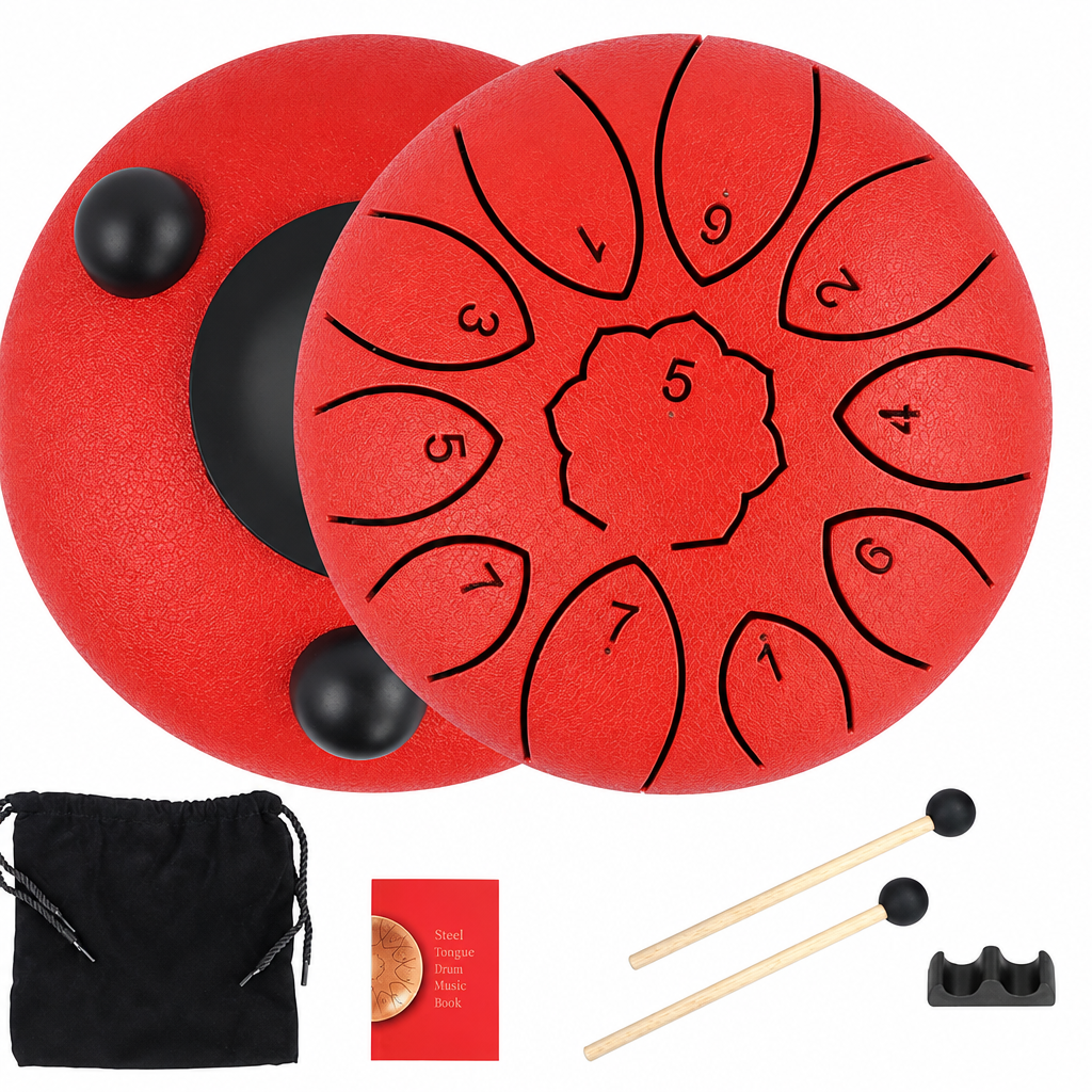 Red tongue drum kit with distractions removed
