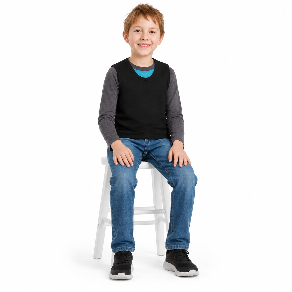Seated child wearing the black vest on a white background