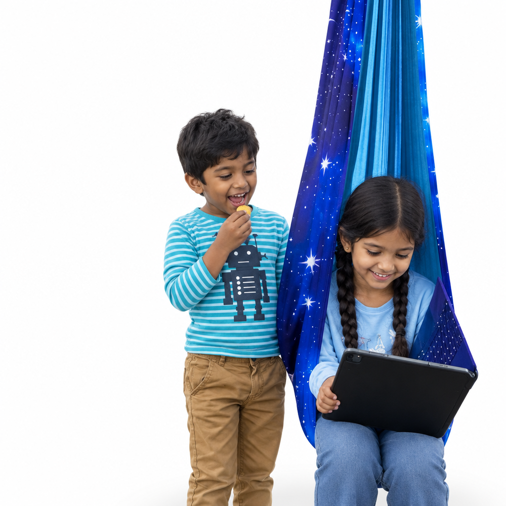 Sensory swing with Indian children on a white background