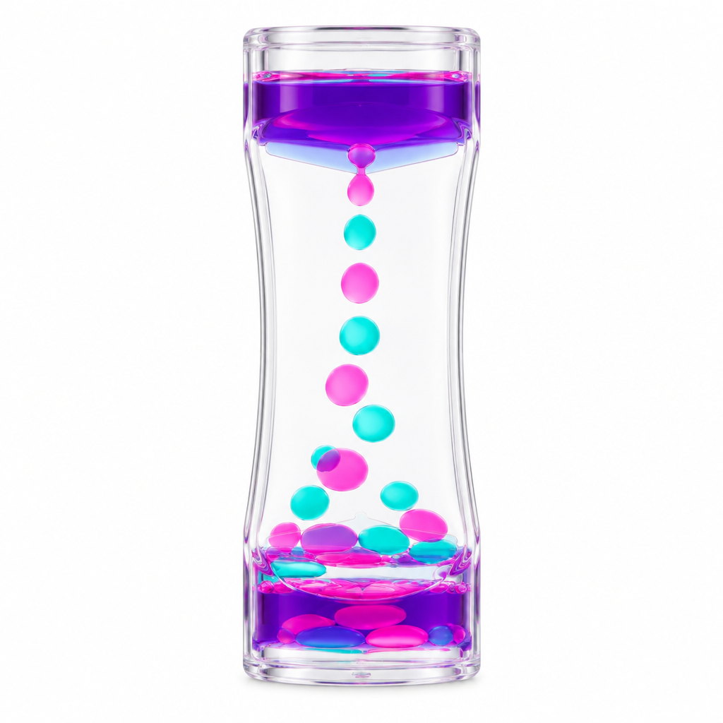 Single liquid motion timer standing centered, front view, white background, no text