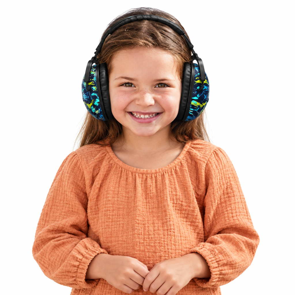 Smiling child wearing patterned earmuffs on white