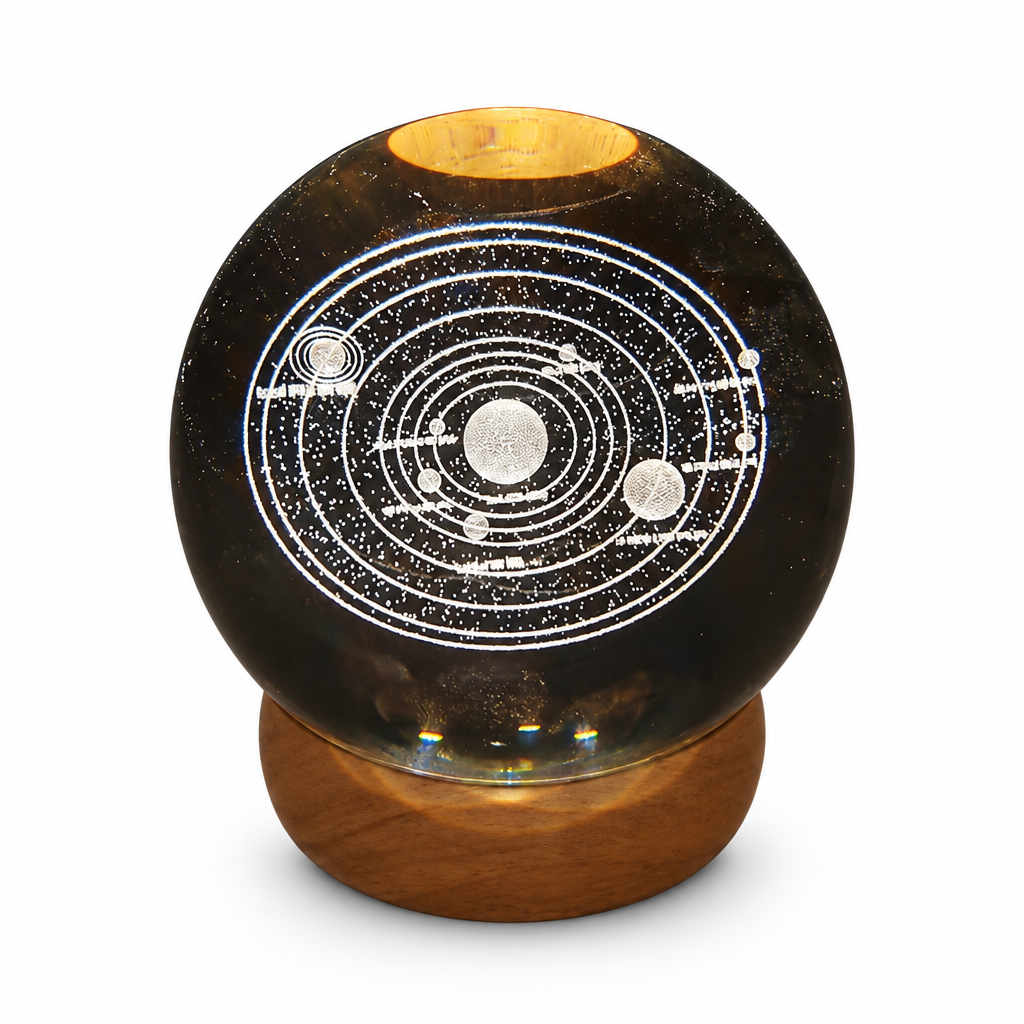 Solar-system globe with wooden base on white background