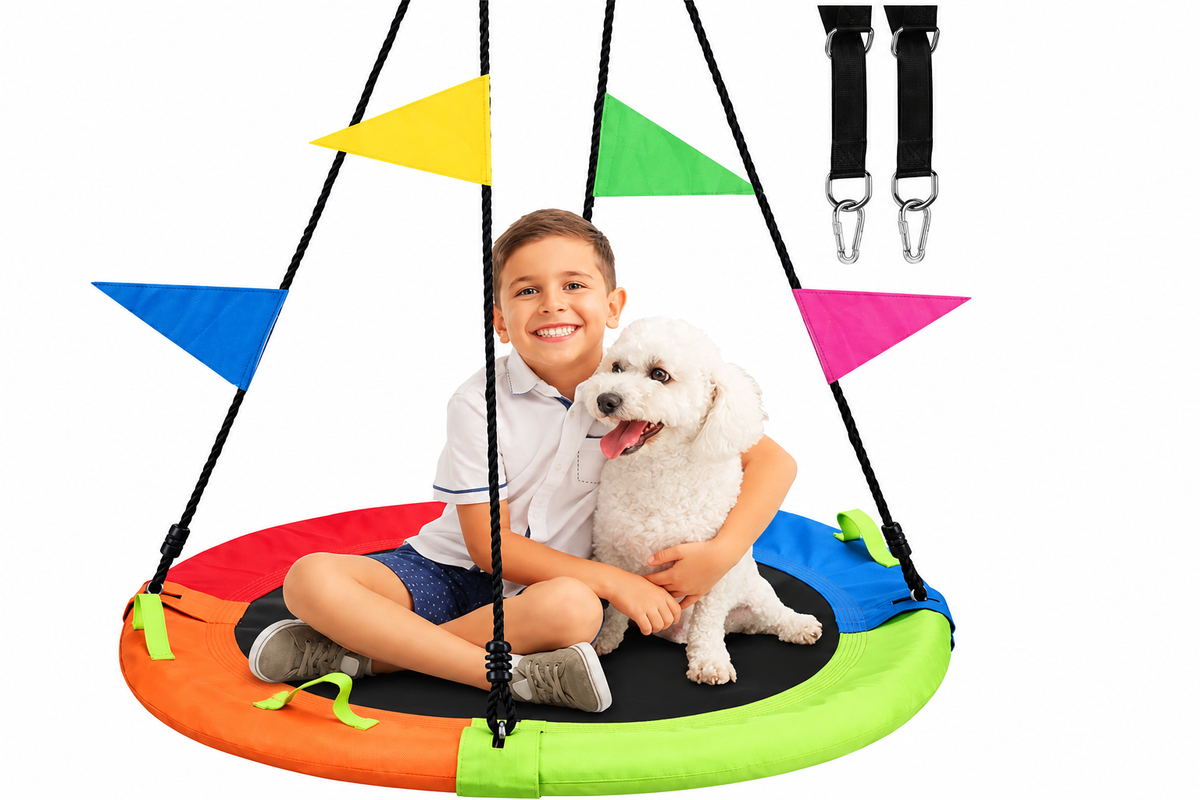Swing with child and dog on white