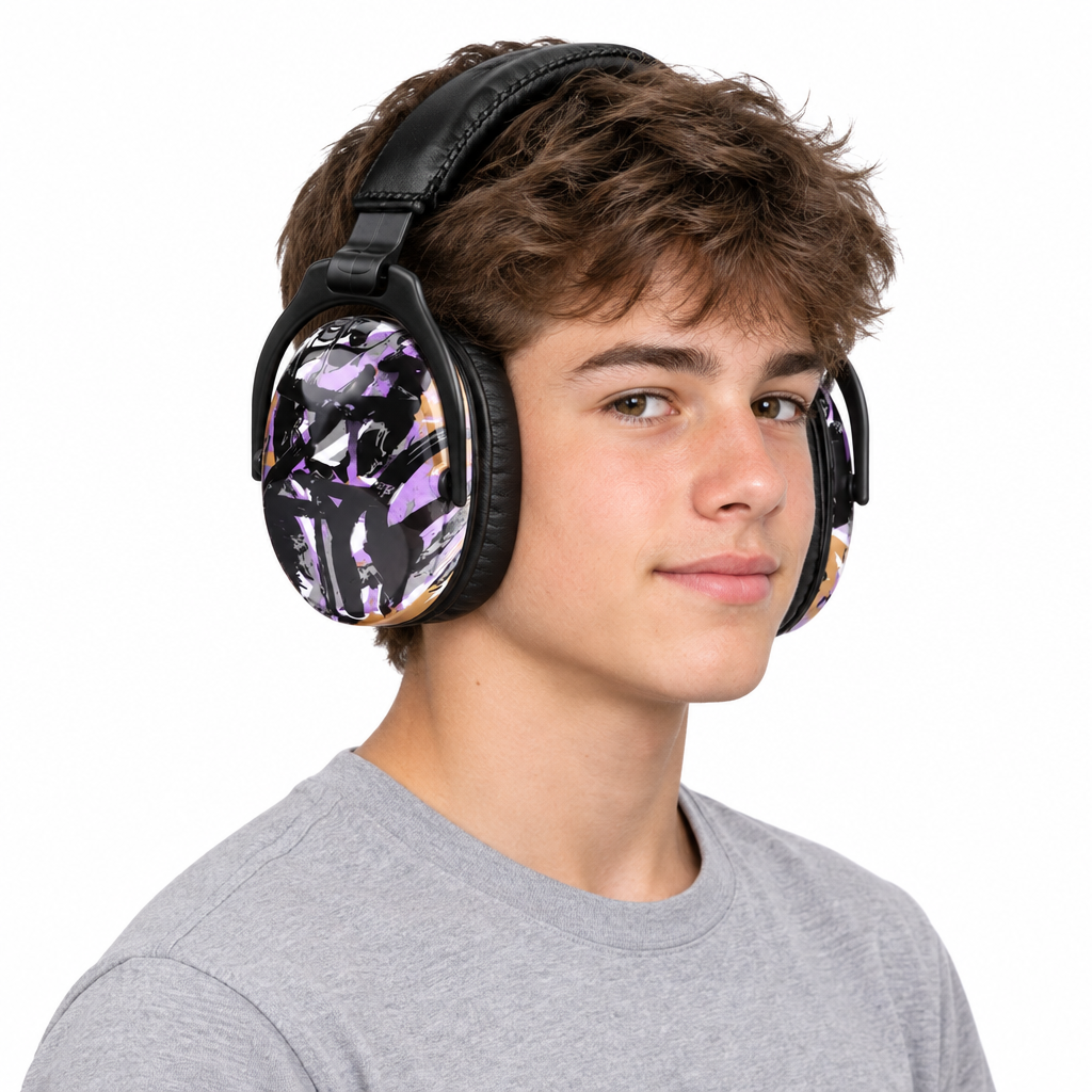 Teen wearing the patterned earmuffs