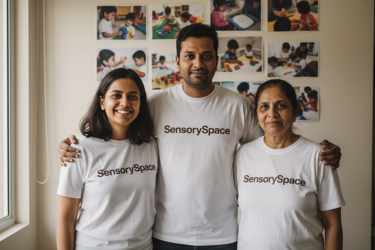 Three Indian team members with dark brown SensorySpace text