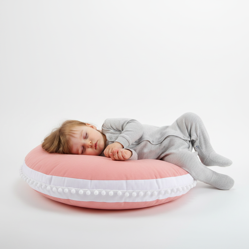 Toddler sleeping on pink round sensory cushion