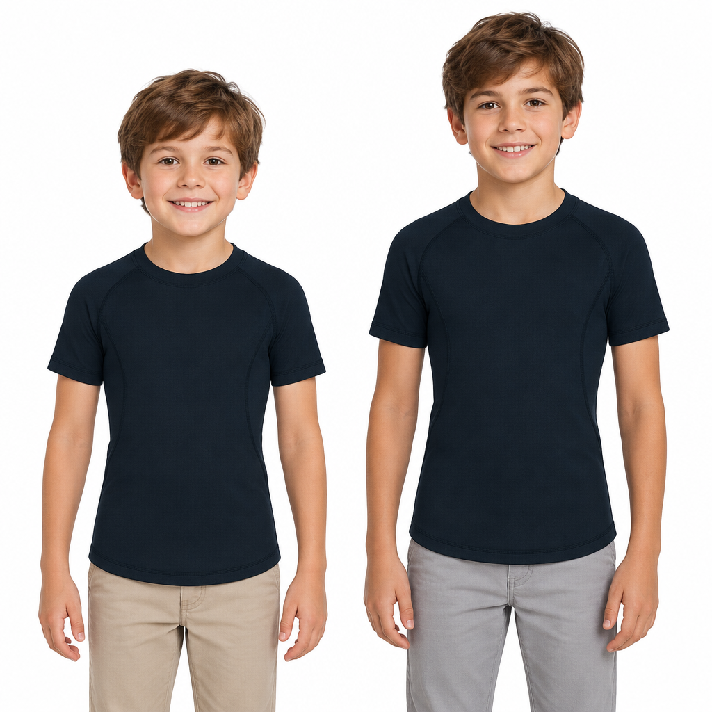 Two boys wearing the reference shirt on a white background
