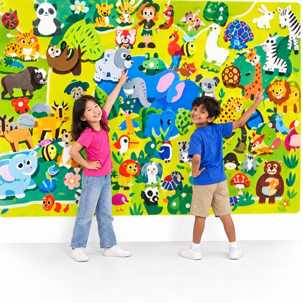Two children in front of the colorful animal backdrop