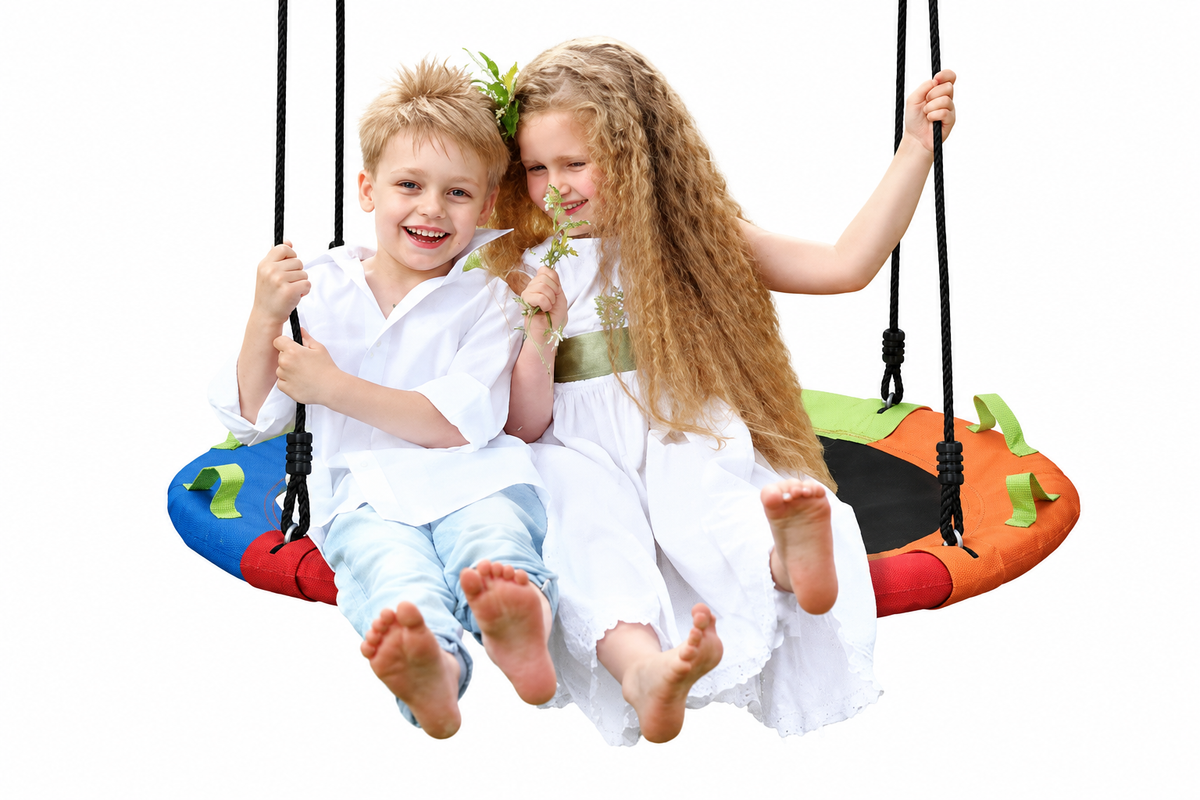 Two children on rainbow swing with white background