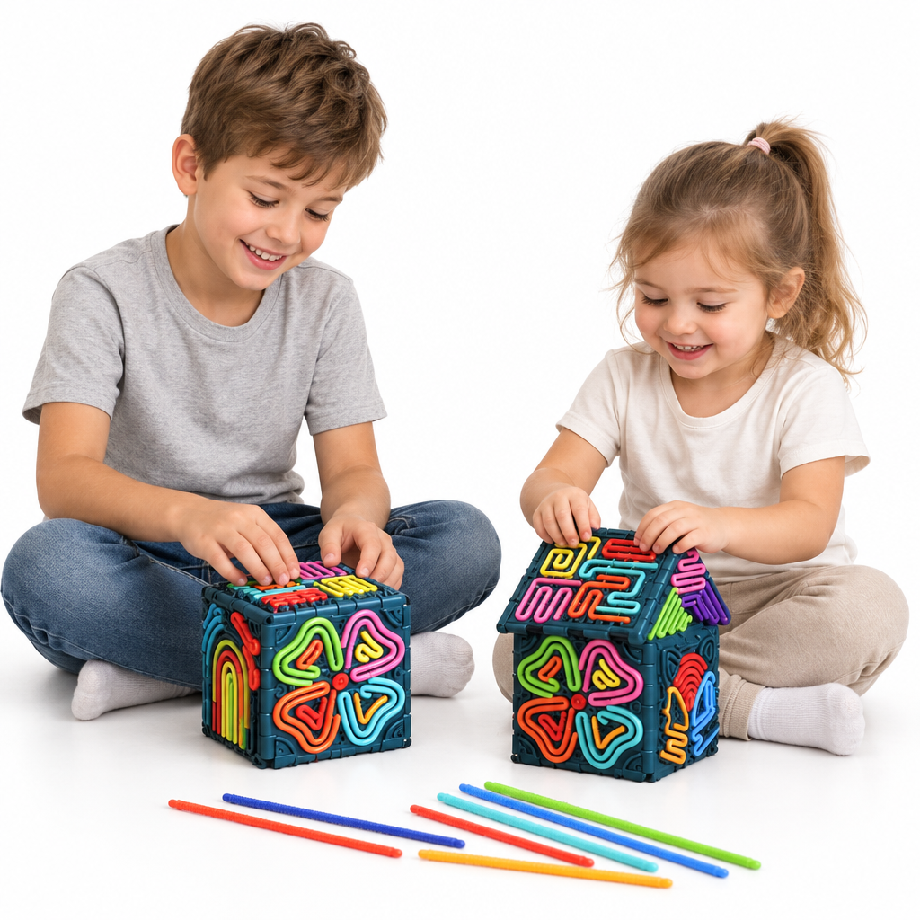 Two children playing with the sensory activity toys on white