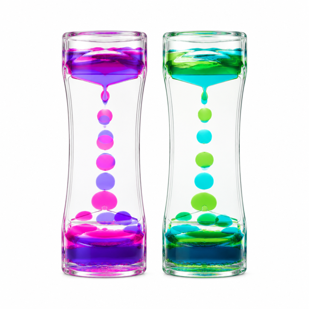 Two liquid motion timers side by side, one pink-purple and one teal, white background, no text