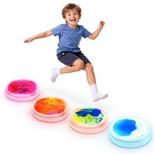 White-background image with a boy and four sensory light-up pads