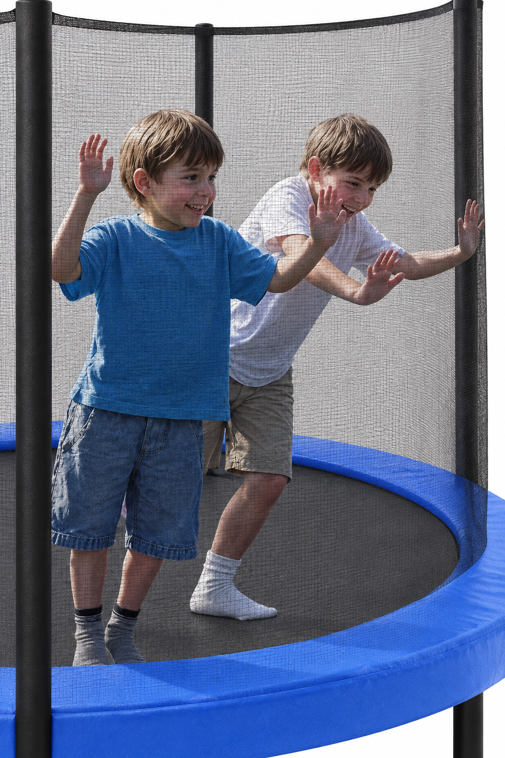 White-background trampoline image with visible black enclosure net