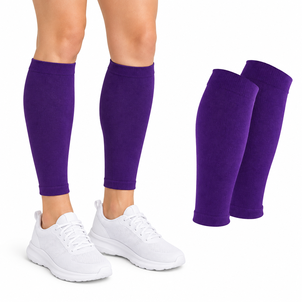 Woman wearing purple calf sleeves beside a product-only pair on white