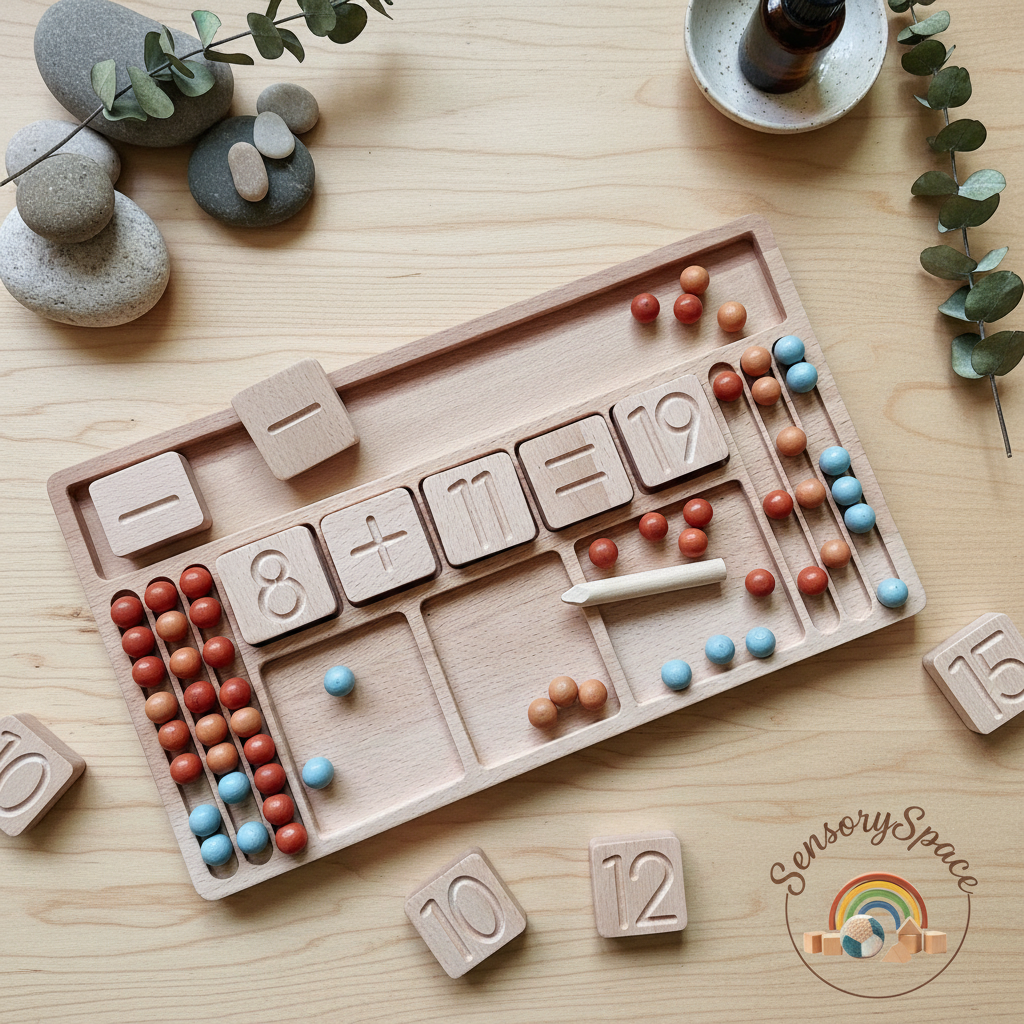 Wooden math board lifestyle with logo