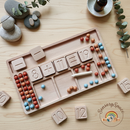 Wooden math board lifestyle with logo