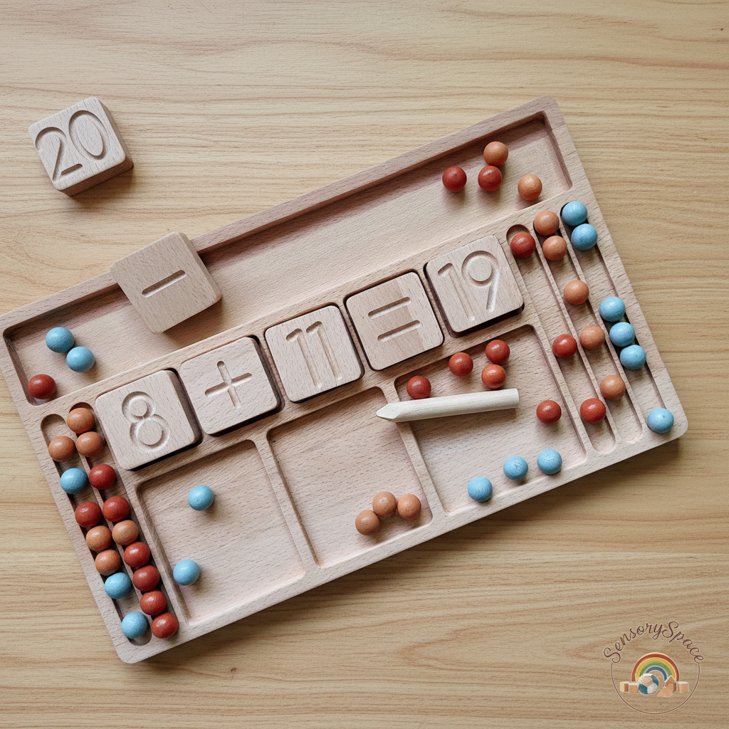 Wooden math board overhead with logo