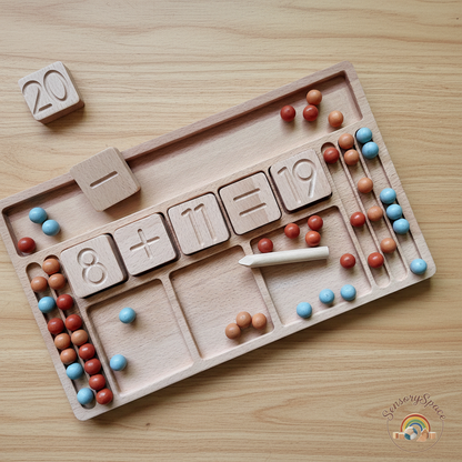 Wooden math board overhead with logo