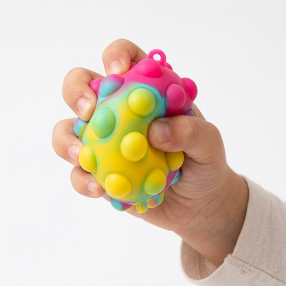 Yellow multicolor ball, child hand squeezing